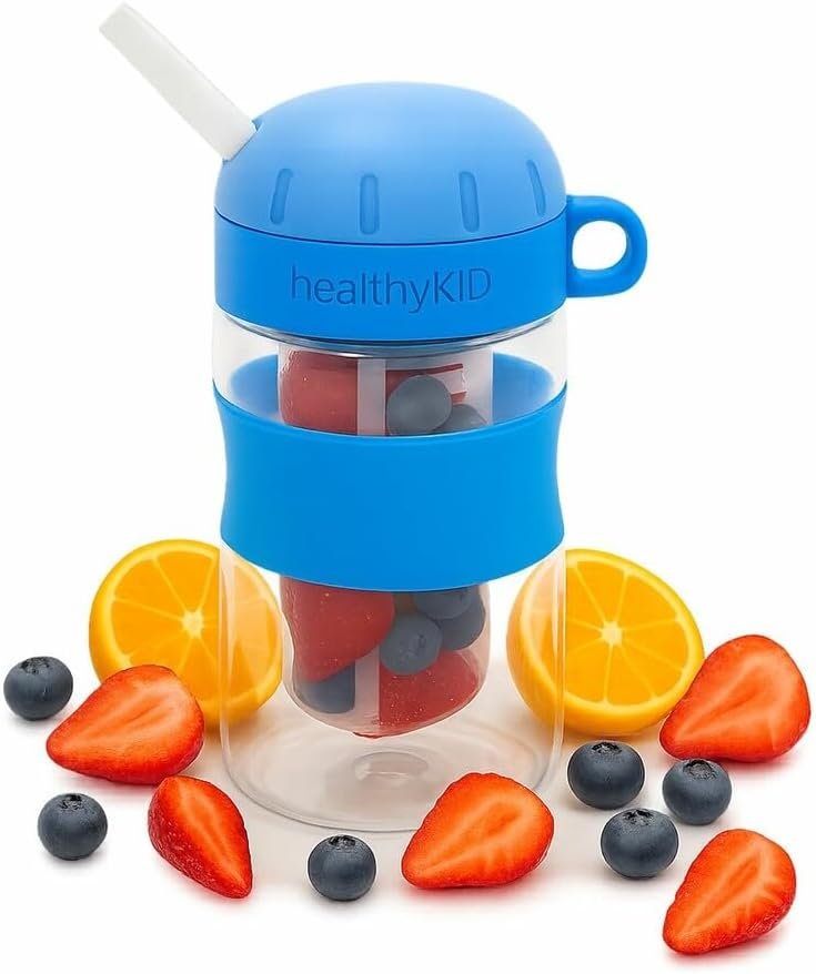 Healthy Kid Fruit Infuser Water Bottle. 10oz BPA-Free Tritan. Fun Infusion Basket for Fruits with Matching Muddler and Recipes. Leak-Proof Screwtop Lid with Easy-Sip Straw Cup. (Blue)