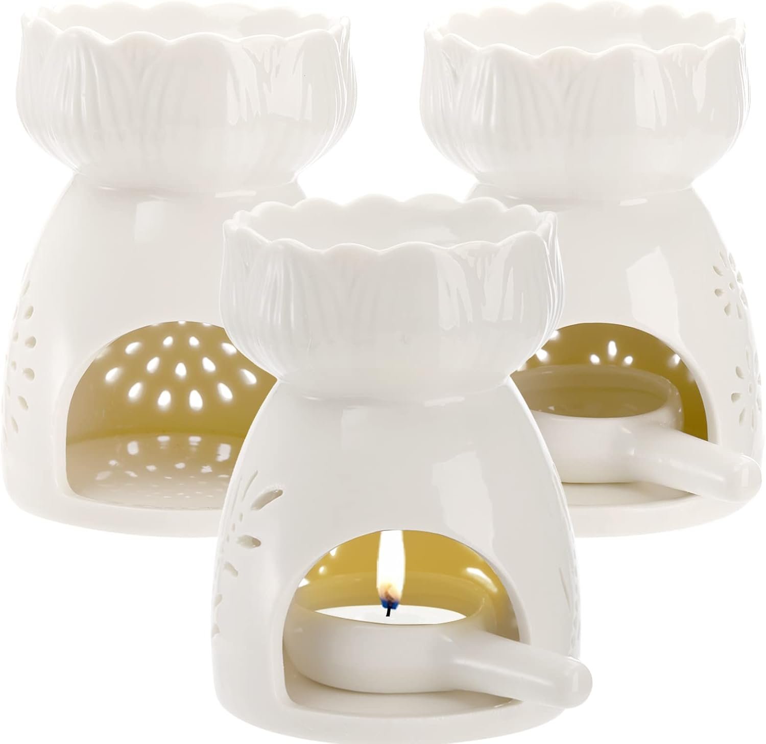 Lyellfe 3 Pack Ceramic Tealight Candle Holder, Essential Oil Burner with Spoon, White Carved Wax Warmer Aroma Diffuser Furnace for Birthday Valentines Home Decor