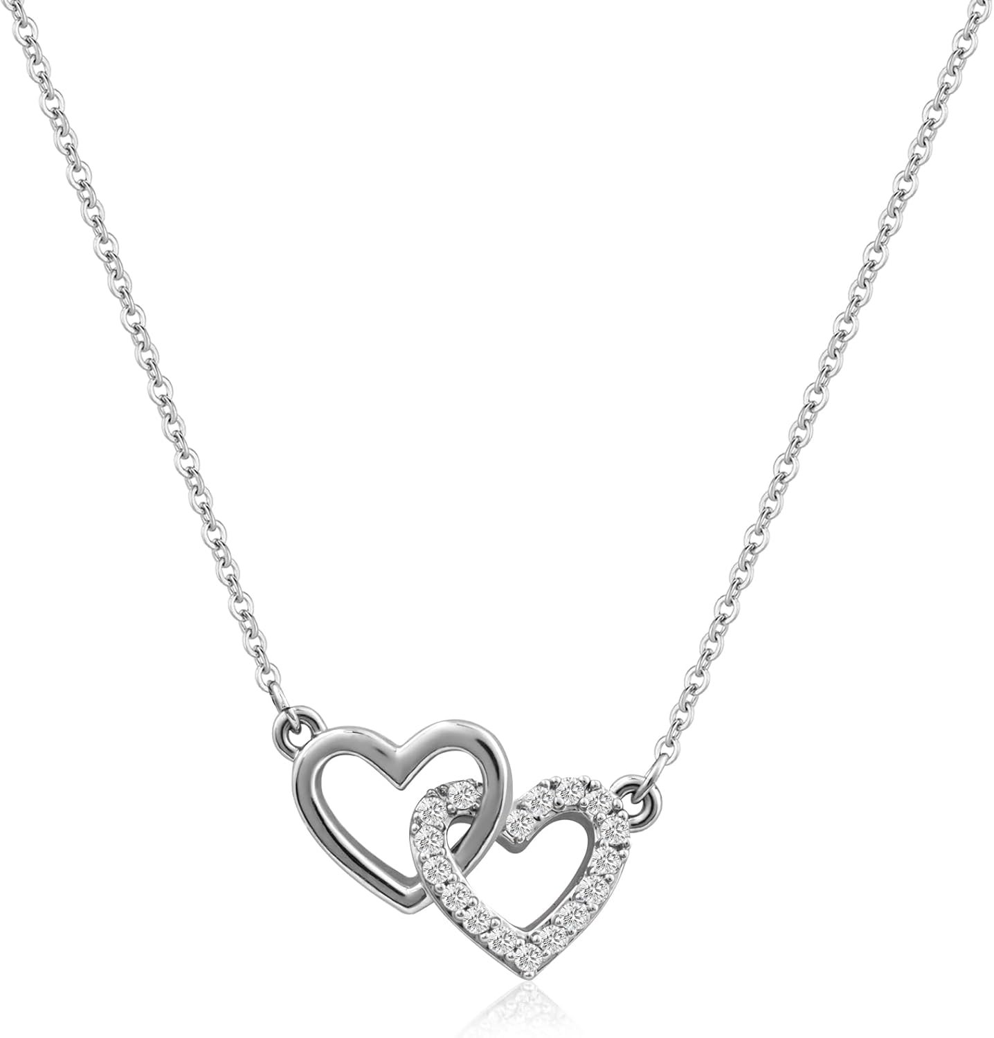 Tiny Double Heart Necklace Small Sterling Silver Cubic Zirconia Cute Dainty Love Pendant Heart Necklace for Women