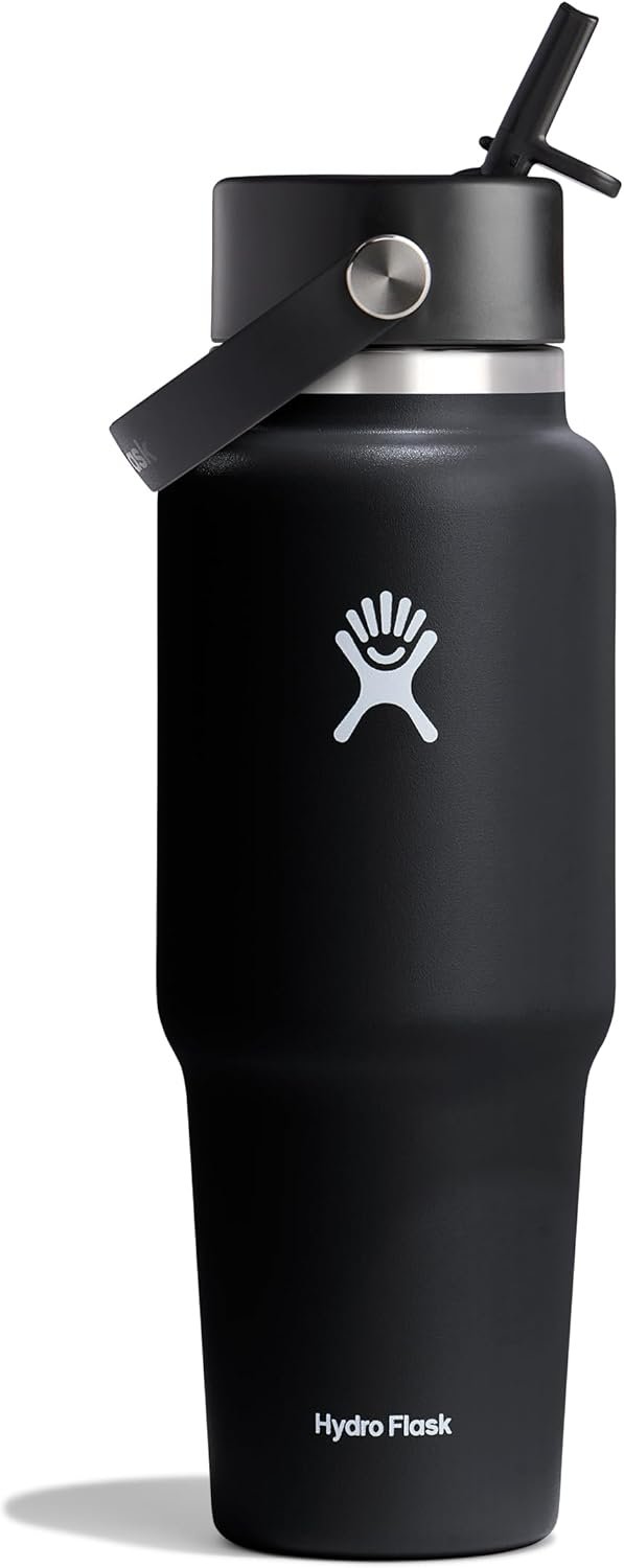 Hydro Flask Travel Water Bottle – Insulated Stainless Steel – Wide Straw Lid, Non Spill, Leakproof in 32 Oz Black