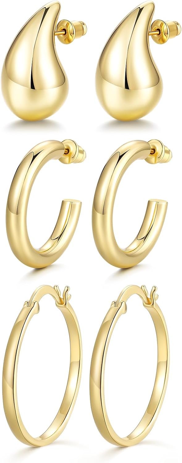 14K Gold Plated Hoop Earrings for Women Ladies Trendy Chunky Open Hoops 3 Pairs Teardrop Lightweight Dainty Hypoallergenic Earrings Set