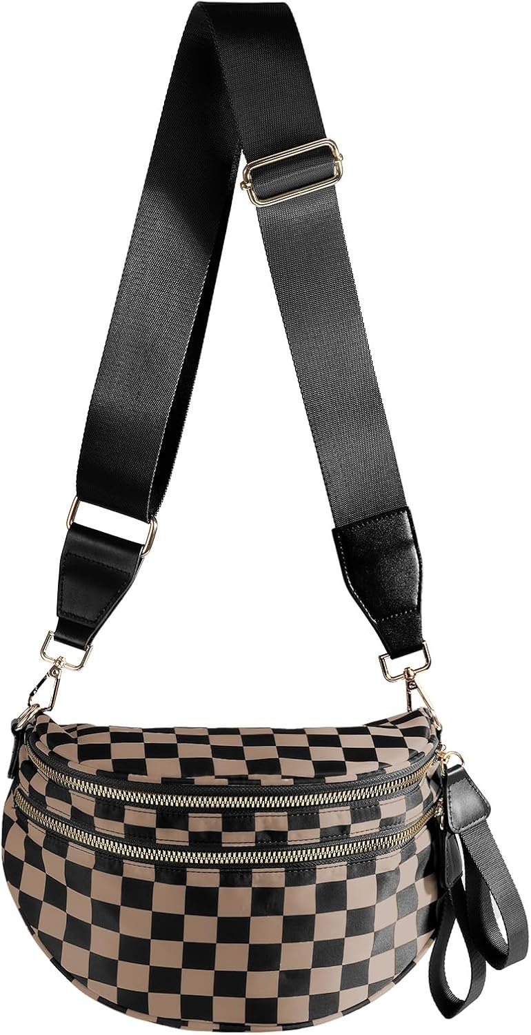 Black and White Checkered Crossbody Bag Bum Bag for Women,Spacious Checkered Purse Fanny Packs Belt Bag