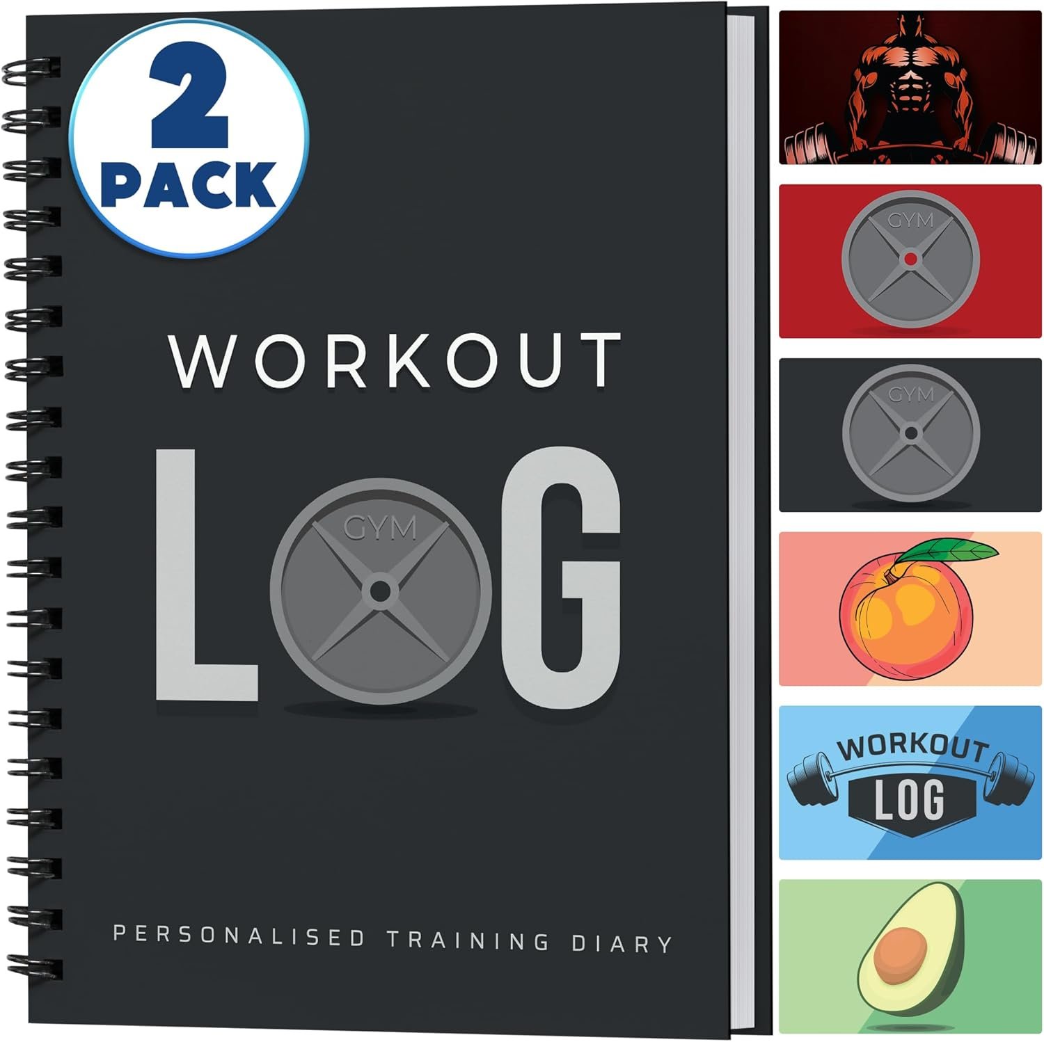 Workout Planner for Daily Fitness Tracking & Goals Setting – 2 Pack, A5 Size, 6” x 8”, Charcoal Gray – Improved Thicker Cover – Men & Women Home & Gym Training Diary – Log Book – by Workout Log Gym