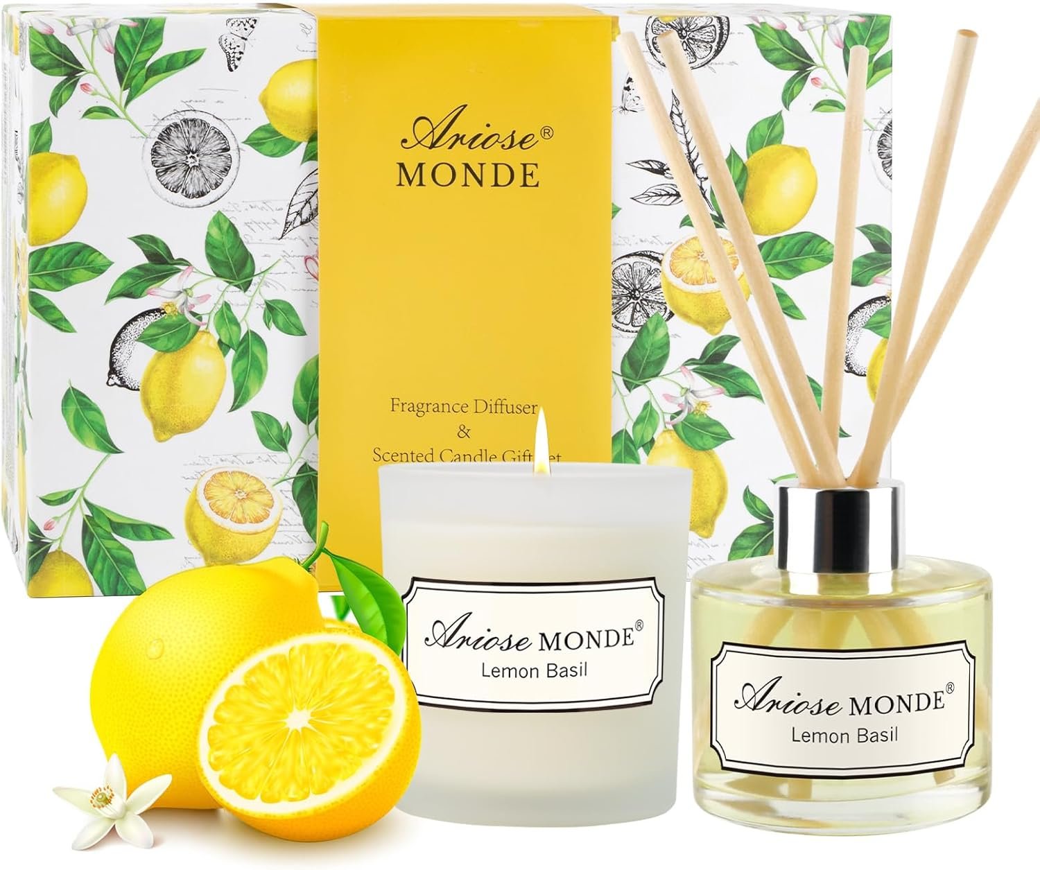 Reed Diffuser & Scented Candle Gift Set, Lemon Basil Oil Diffuser Sticks, Fragrance Diffuser & Soy Wax Candles in Glass Jar, Natural Soy Candles Gifts for Home Decor