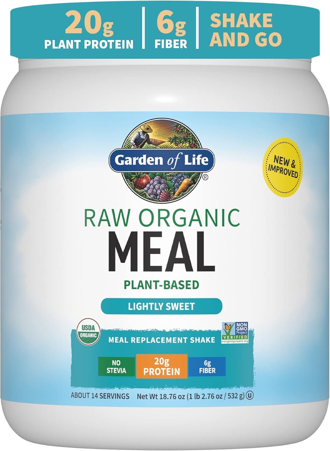 Garden of Life Meal Replacement Shakes, Vegan Protein Powder, Raw Organic Meal, Lightly Sweet Powder with Plant Based Pea Protein, Sprouts, Greens, Probiotics, Dairy Free 14 Servings