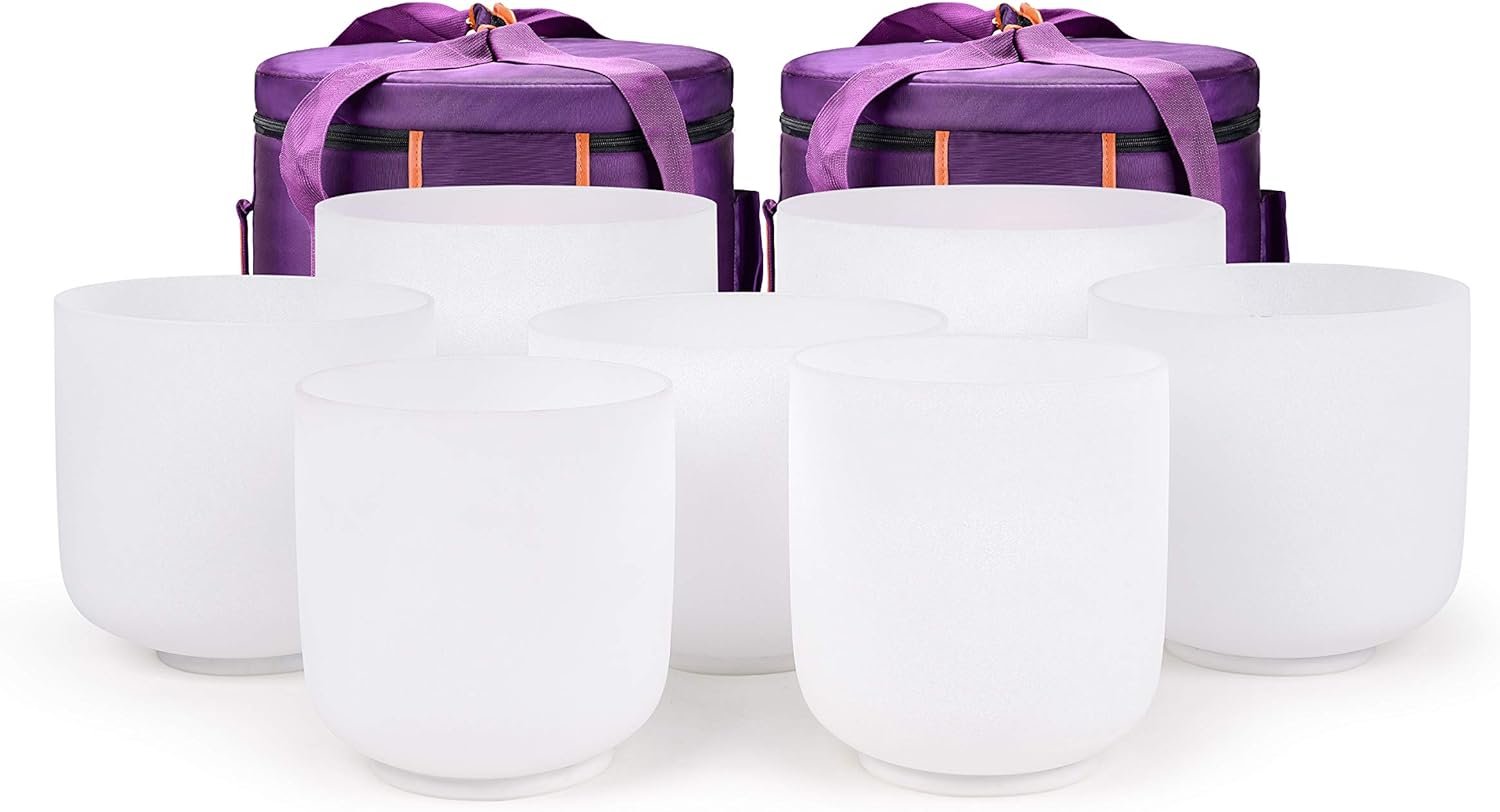 TOPFUND 432 Hz Chakra Set of 7 Crystal Singing Bowls 6-10 inch with Heavy Duty Carrying Cases and Mallets