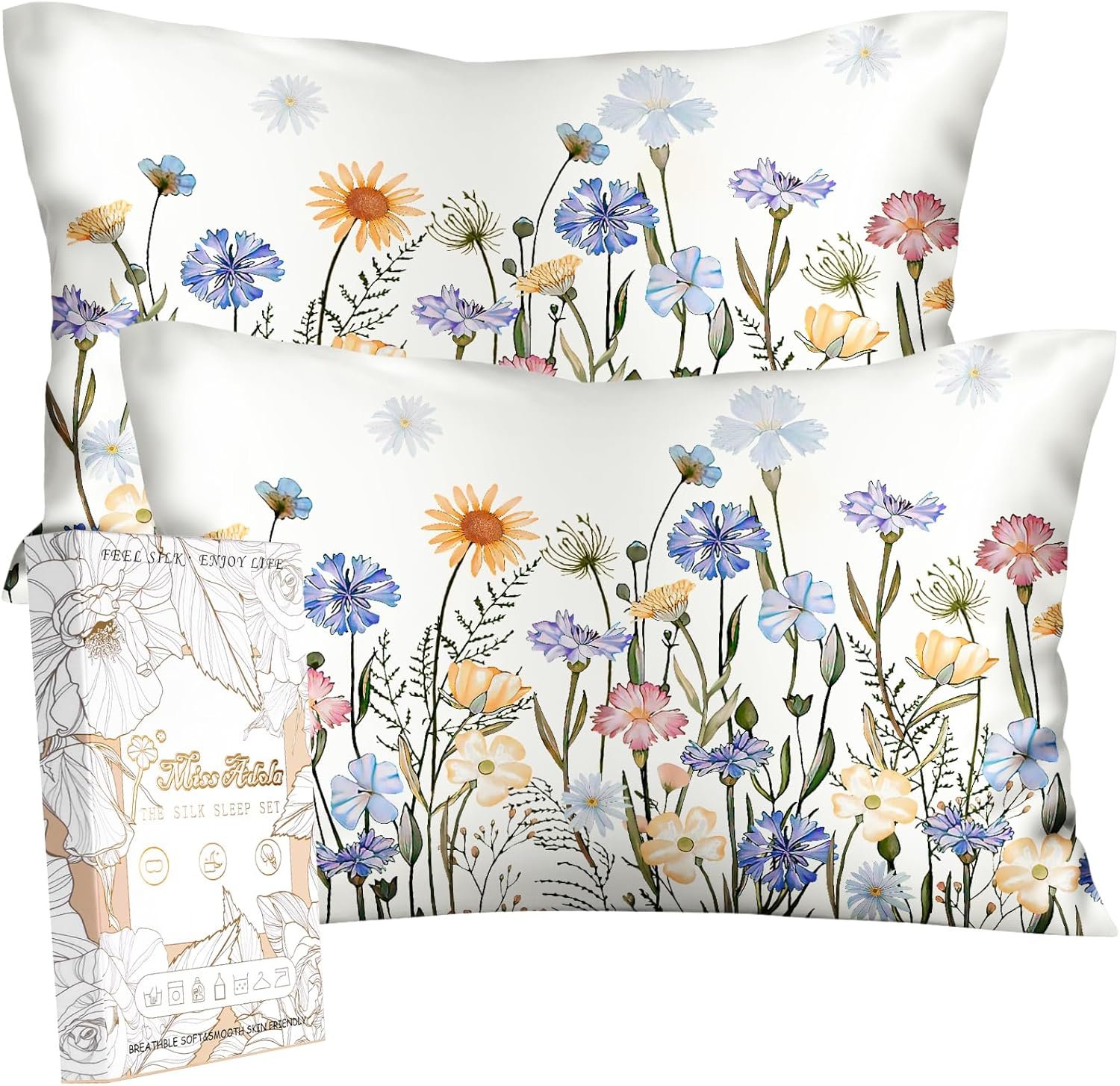 2 Pack Silk Pillowcase – Standard Size 20 x 26 Inch Silky Pillow Case for Hair and Skin Soft Cute Aesthetic Bed Sleeping Pillow Cover with Zipper for Women, Colorful Flower