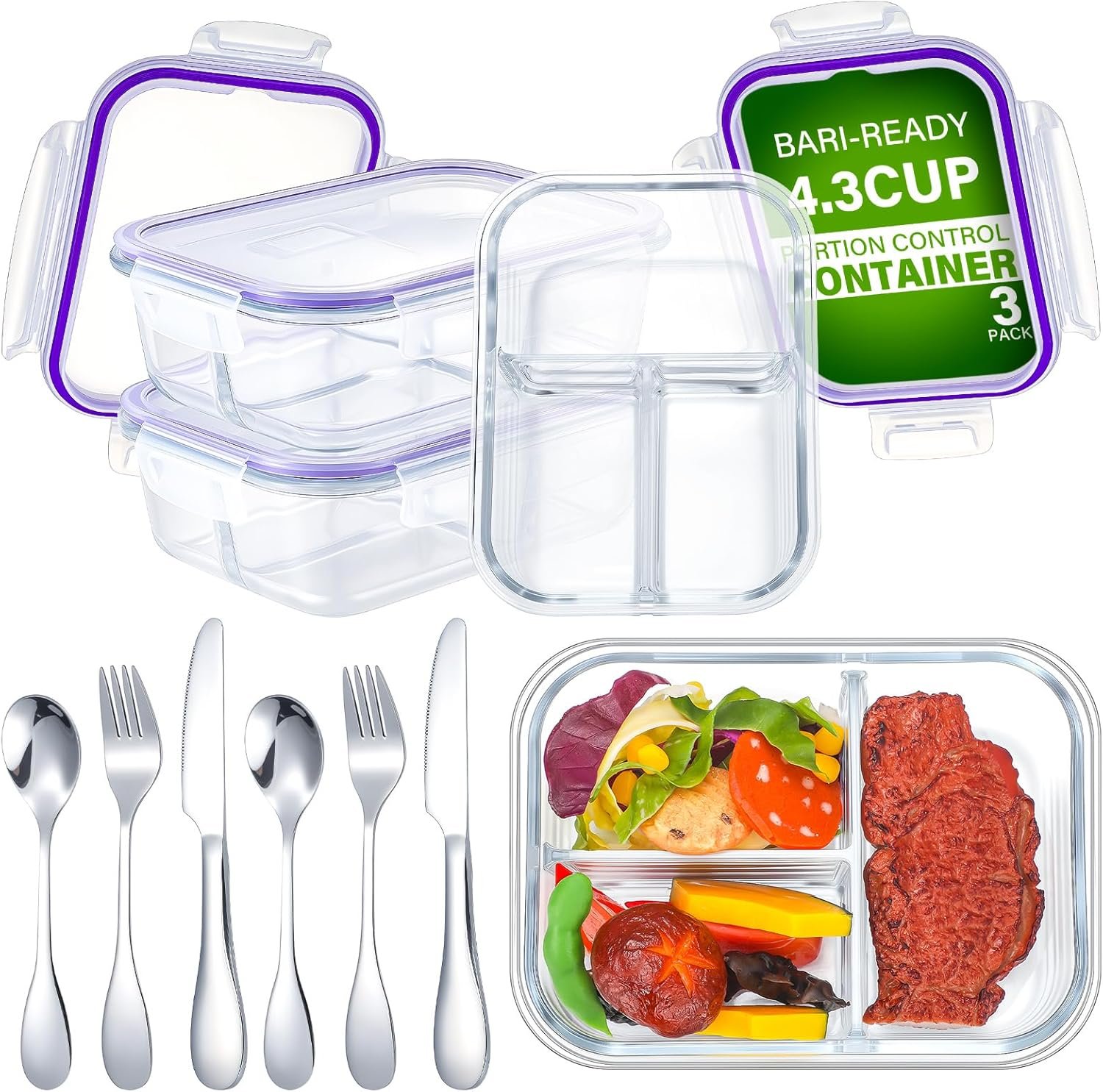 12 Pcs 35 oz Glass Portion Control Containers Set 3 Compartment Bariatric Meal Prep Containers with Lids 3 Set Knives Forks Spoons Food Storage Divided Lunch Box Microwave Dishwasher Safe