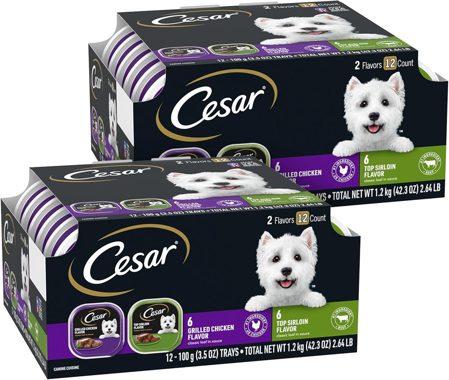 Cesar Wet Dog Food Classic Loaf in Sauce, Grilled Chicken Flavor and Top Sirloin Flavor, 3.5 oz. Easy Peel Trays, Variety Pack, 12 Count (Pack of 2)