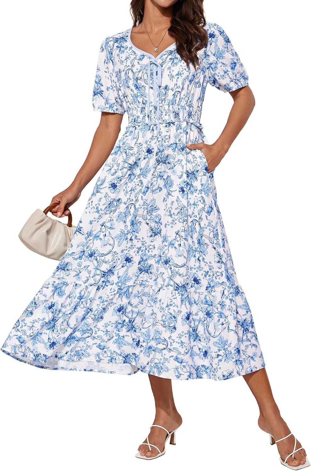 GRACE KARIN 2025 Women’s Summer Floral Flowy A Line Midi Dresses Elegant Short Sleeve Smocked V-Neck Tiered Dresses