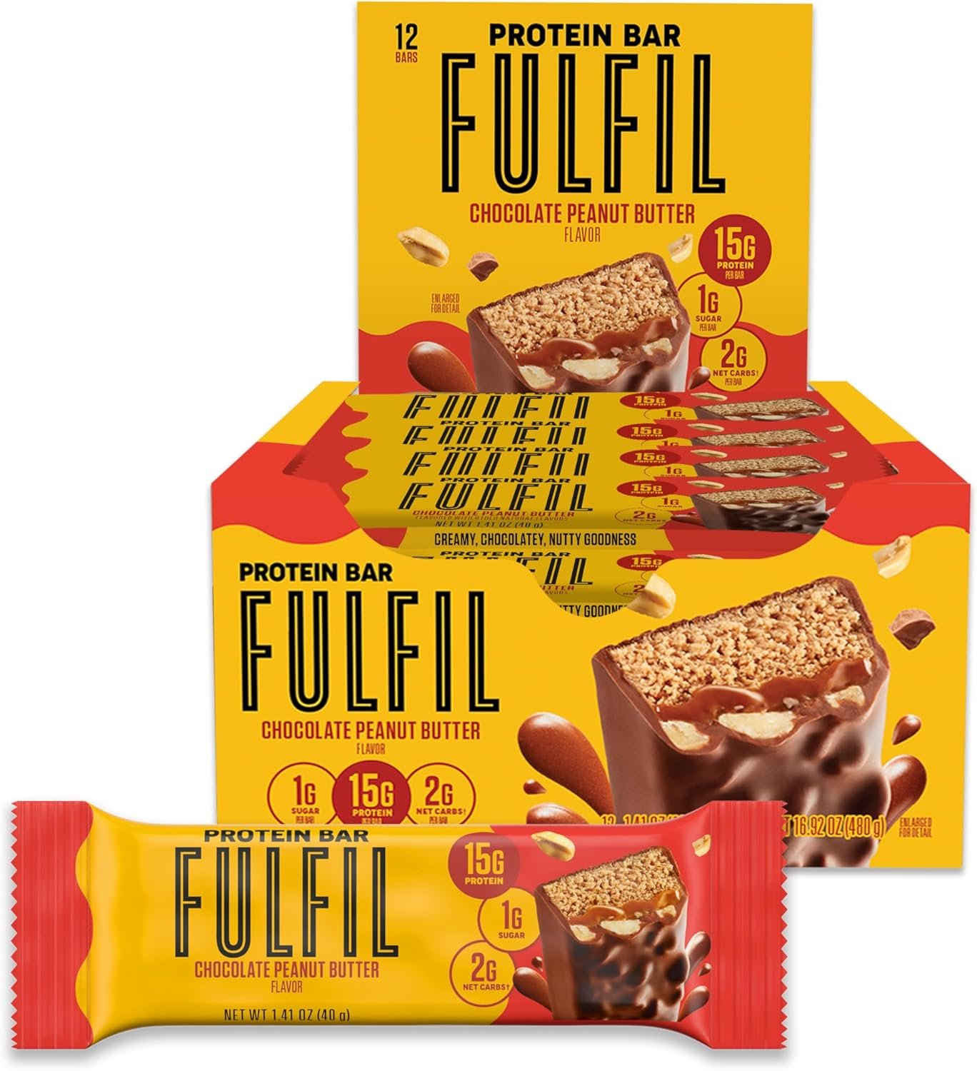 FULFIL Protein Snack Bars, Chocolate Peanut Butter Flavored, Gluten Free with 15g Protein, Pantry Staples, 12 Count