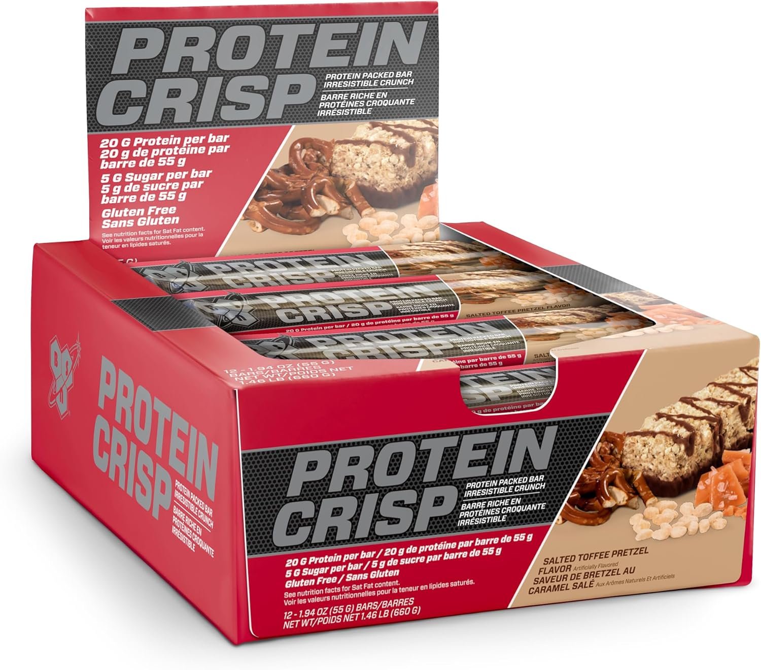 BSN Protein Crisp Bar, Chocolate Crunch, 20 Gram Protein Snack Bars with Whey and Fiber, Gluten-Free Crunchy Energy Bars for Workout, Fitness, On-the-Go, 12 Count