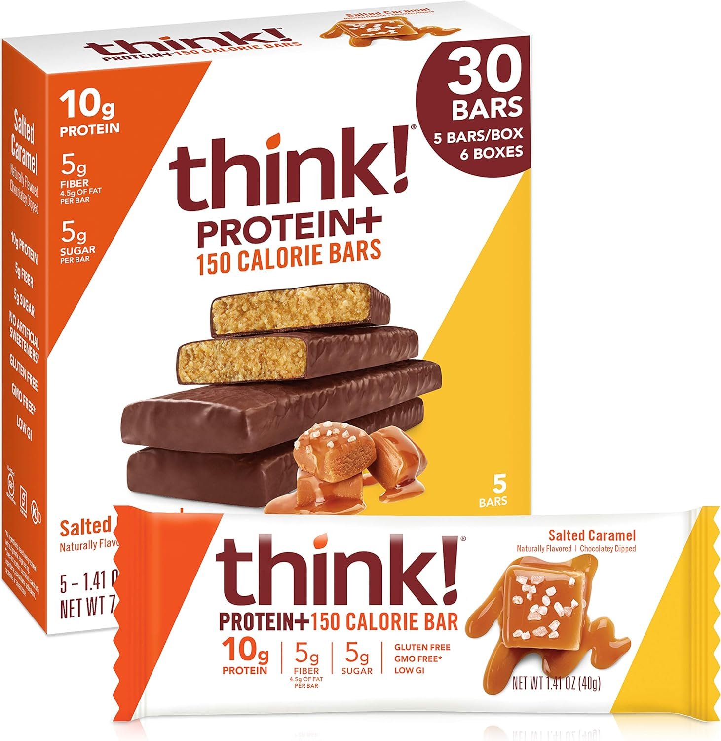 think! Protein Bars with Chicory Root for Fiber, Digestive Support, Gluten Free with Whey Protein Isolate, Salted Caramel, Snack Bars without Artificial Sweeteners, 1.4 Oz (30 Count)
