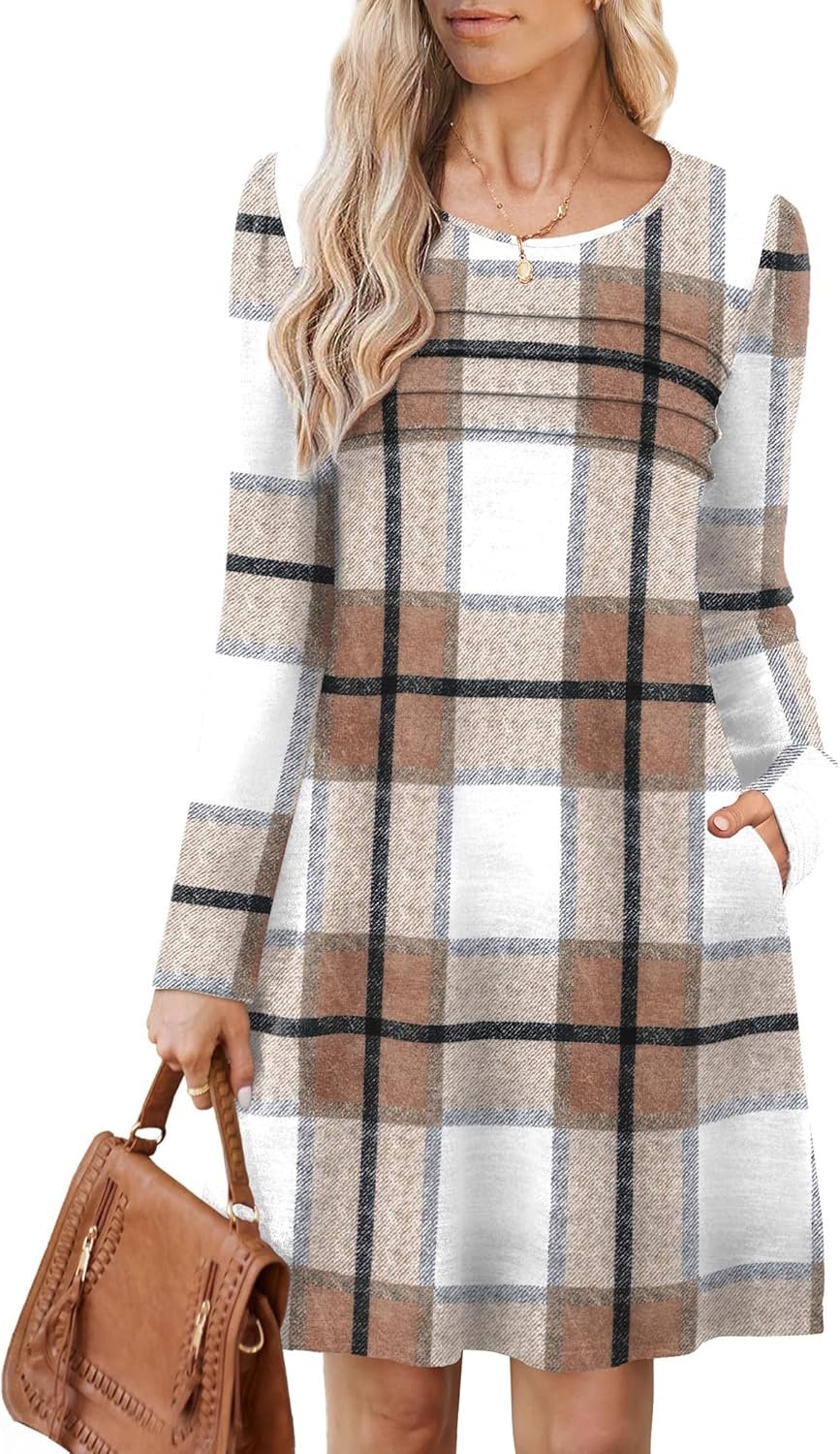 OFEEFAN Womens Long Sleeve Tunic Dress Fall Fashion Sweater Dress with Pockets Pleated Front Casual Winter