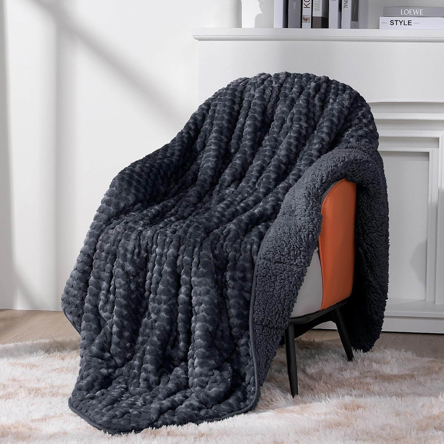 Topblan Weighted Blanket for Adults (60″ x 80″ 15lbs, Dark Grey), Soft Sherpa Queen Size Heavy Blanket, 3D Jacquard Flannel Fleece Weighted Blankets for Couch and Bed