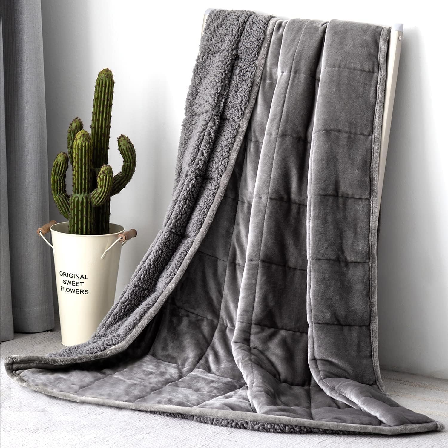 Topblan Sherpa Fleece Weighted Blanket 15lbs, Uniformed Color with Fuzzy Fleece and Shaggy Sherpa to Help with Better Sleep, 48×72 inches, Grey