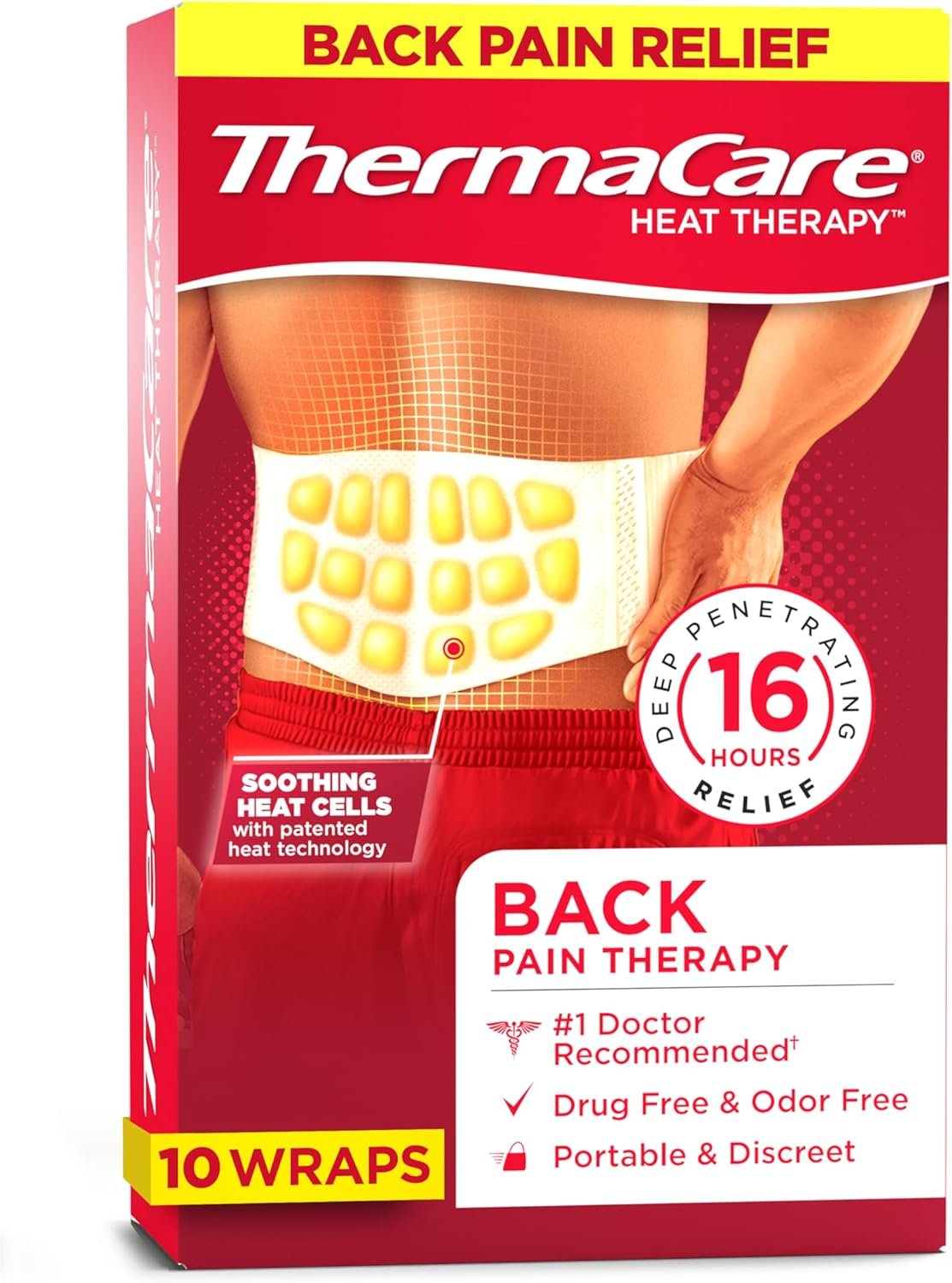 ThermaCare Advanced Back & Hip HeatWraps, Long-Lasting, Disposable Heat Therapy for Lower Back Pain, Muscle Soreness, & Herniated Discs, Drug-Free (L-XL, Pack of 10)