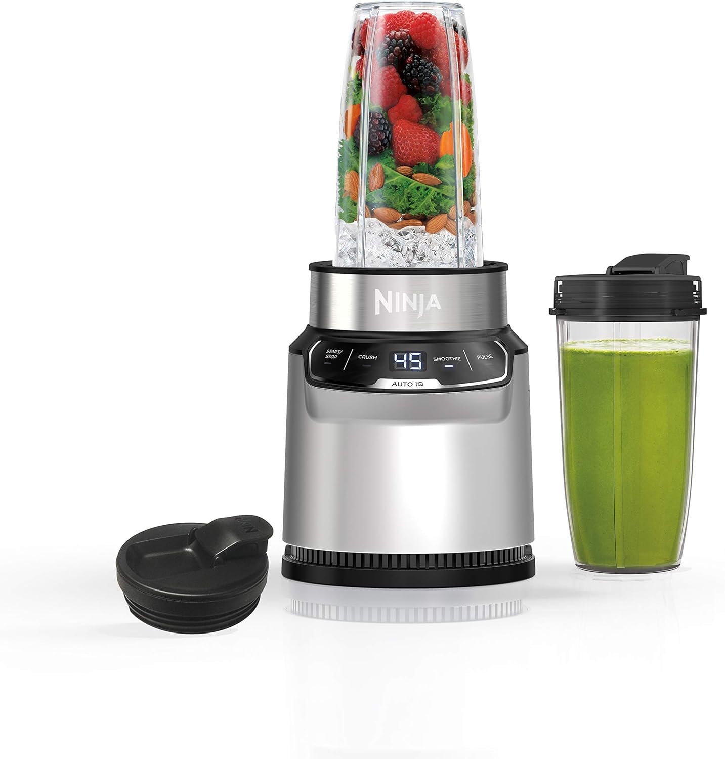 Ninja | Blender | Nutri Pro | Single Serve | For Smoothies, Salsa, Shakes and Frozen Drinks | Includes 2 Smoothie Cups & Lids | Crushes Ice, Fruit & Veggies |Silver | BN401