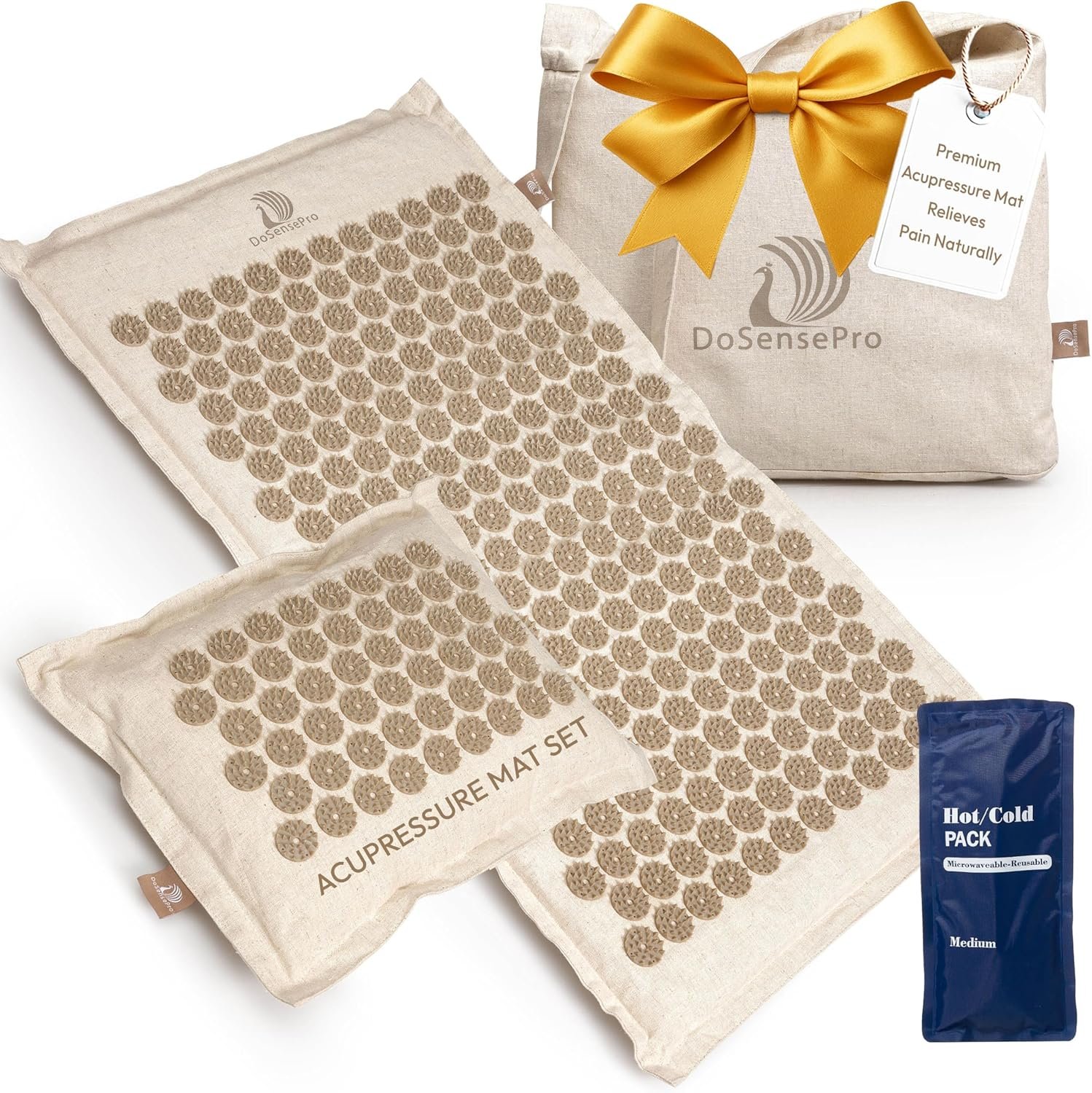 Acupressure Mat & Pillow Set with Hot/Cold Gel Pack for Back and Neck Pain Relief, Sciatica and Pressure Point Aches – Ideal Acupuncture Mat for Sleeping Aid & Workout Recovery (Natural Linen)