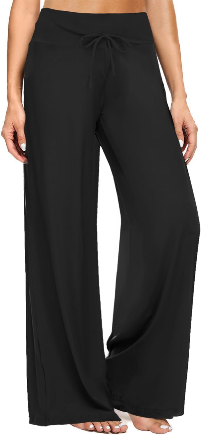 ZOOSIXX Soft Black Pajama Pants for Women, Wide Leg Comfy Casual Lounge Yoga Capri Pants 22” / 30”