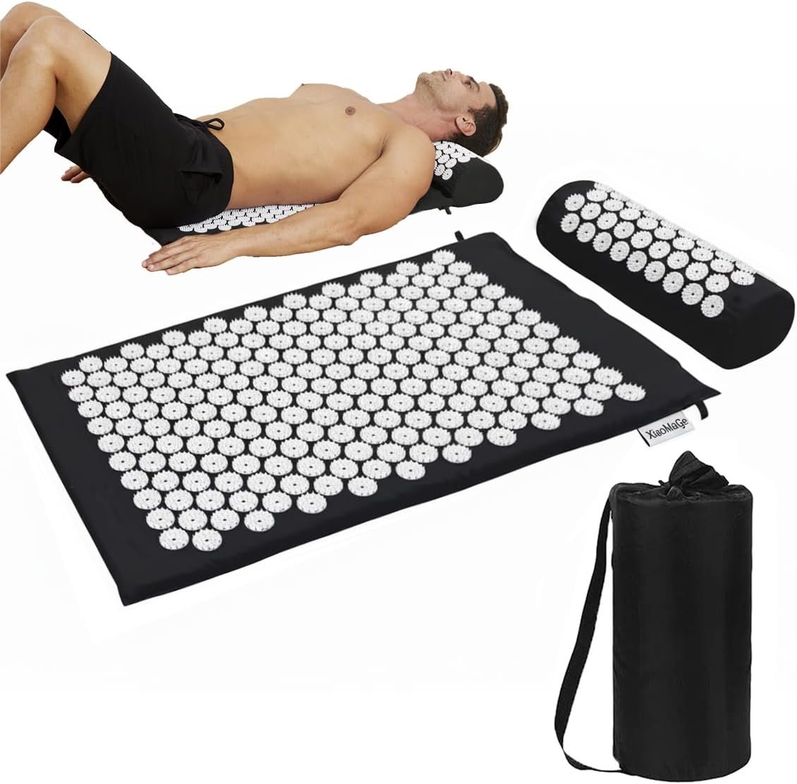 XiaoMaGe Acupressure Mat and Pillow Set with Bag – Large Size 28.7 X 16.5 inch Acupuncture Mat for Neck & Back Pain, Muscle Relaxation Stress Relief, Sciatica Pain Relief Pillow (Black)