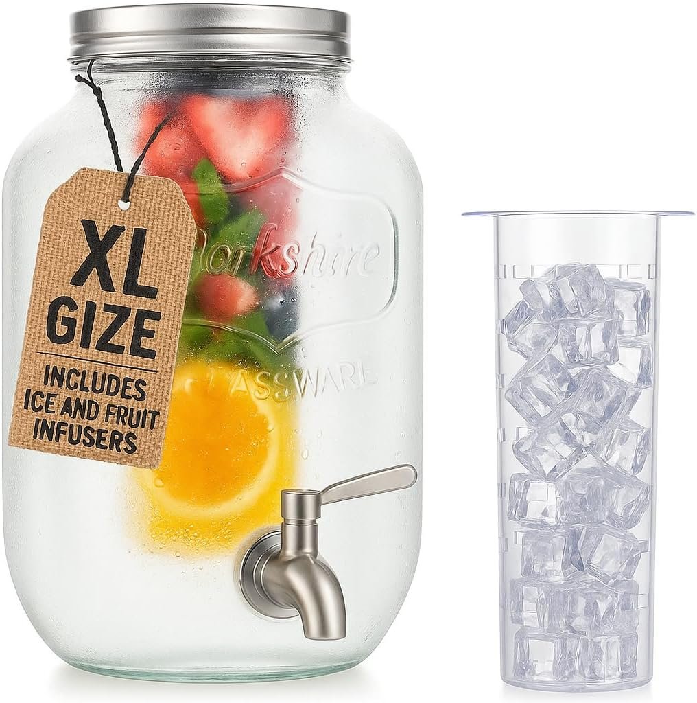 2 Gallon Extra Large Iced Beverage Dispenser with Ice & Fruit Infusers – Glass Mason Jar Drink & Beverage Container with Stainless Spigot