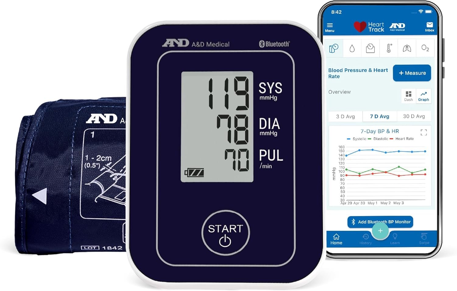A&D Medical Bluetooth Blood Pressure Monitor for Home Use, UA-651BLE – Upper Arm Precise BP Machine – Wide Range Cuff (8.6” / 22-42cm), App is iOS & Android Compatible, AA Batteries