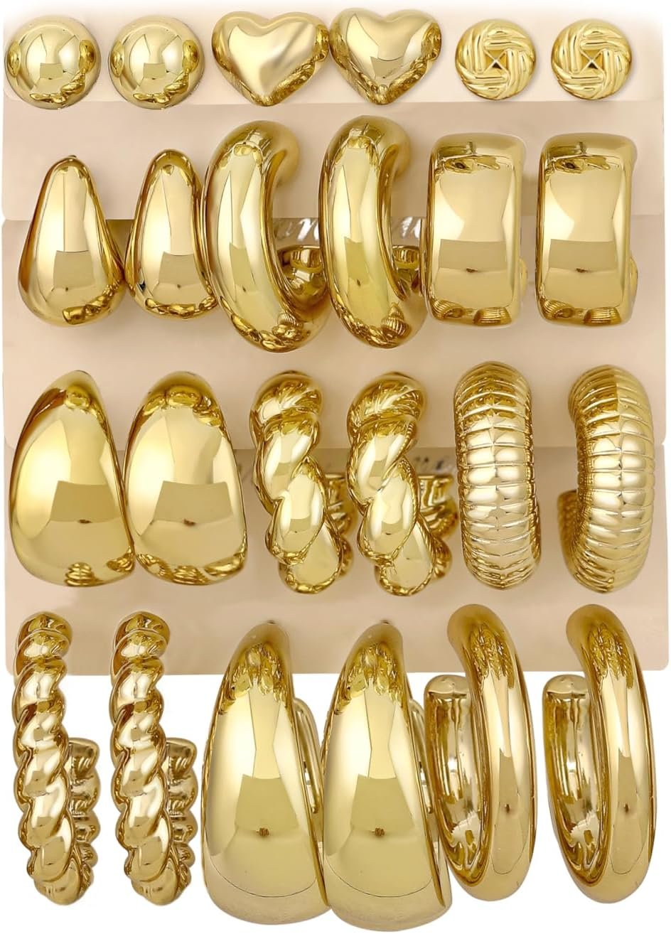 12 Pairs Chunky Gold Hoop Earrings for Women Trendy, Gold Plated Lightweight Hypoallergenic Stack, Thick Open Twisted Huggie Hoops Earring Set