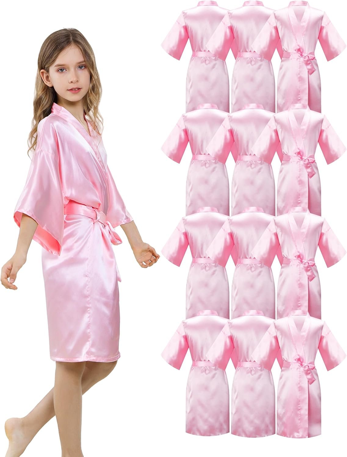 12 Pieces Girls Kids Silky Satin Solid Color Short Kimono Robes for Wedding Birthday Party Spa