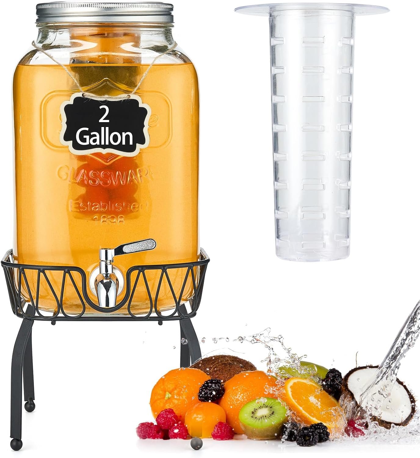 2 Gallon Glass Beverage Dispenser with Stand & Fruit Infuser, Stainless Steel Spigot – Glass Drink Dispensers for Parties, Drink Dispensers with Lids for Lemonade Sun Tea