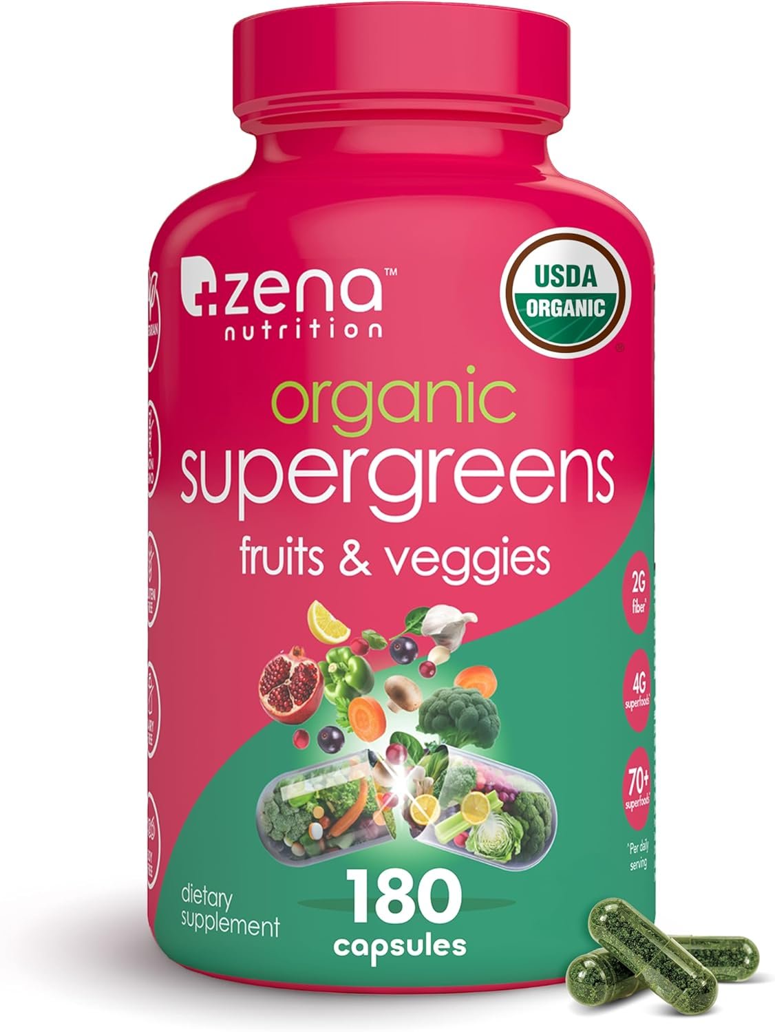 Zena Nutrition Organic Super Greens Fruit & Veggies Supplement, 70+ Superfoods from Fruit & Vegetables, Spirulina, Chlorella, Prebiotics & Probiotics, Digestive Enzymes for Gut Health, 180 Capsules