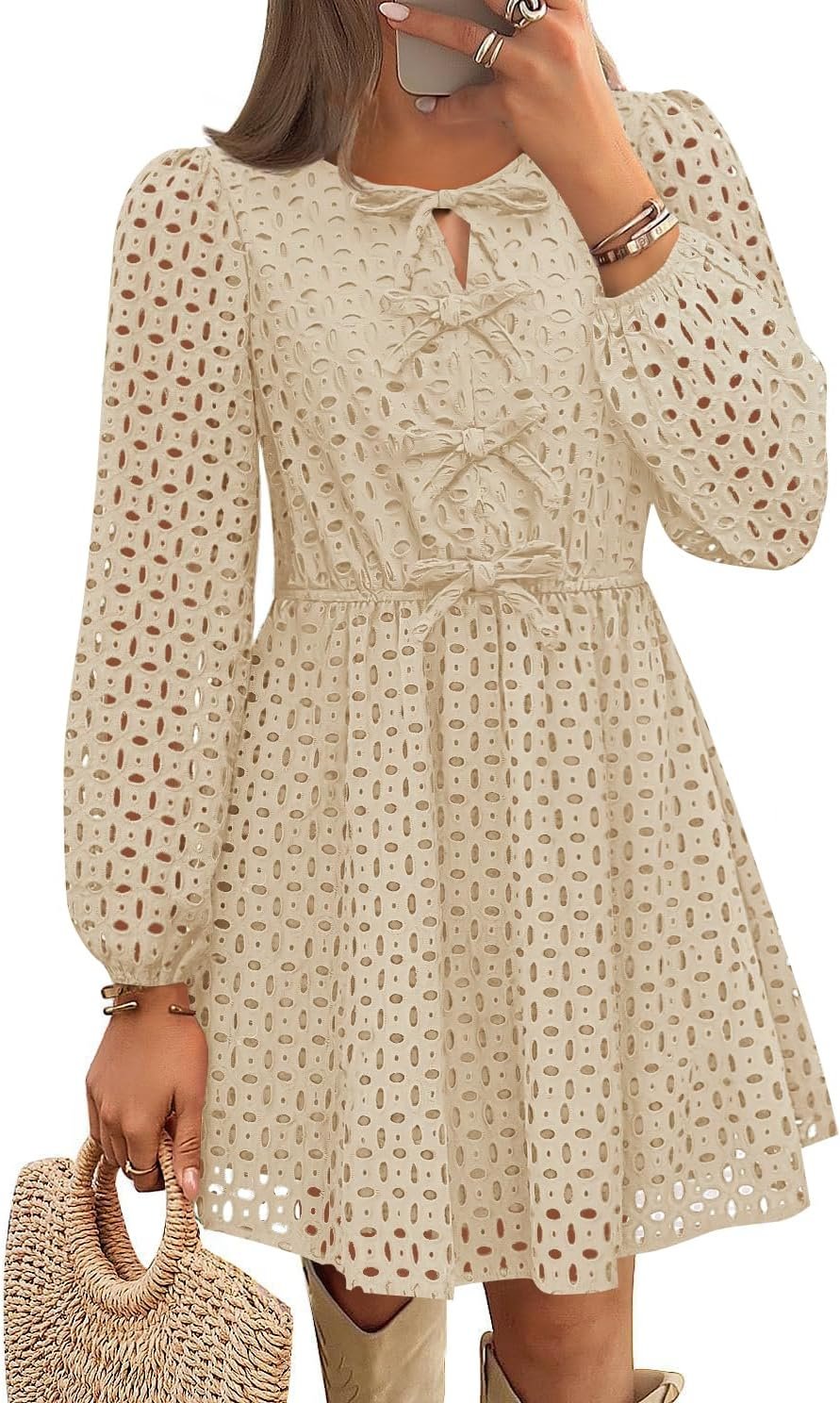 ZESICA Women’s Long Sleeve Mini Dress 2025 Fall Crewneck Tie Front Hollow Out Eyelet Babydoll A Line Short Dresses