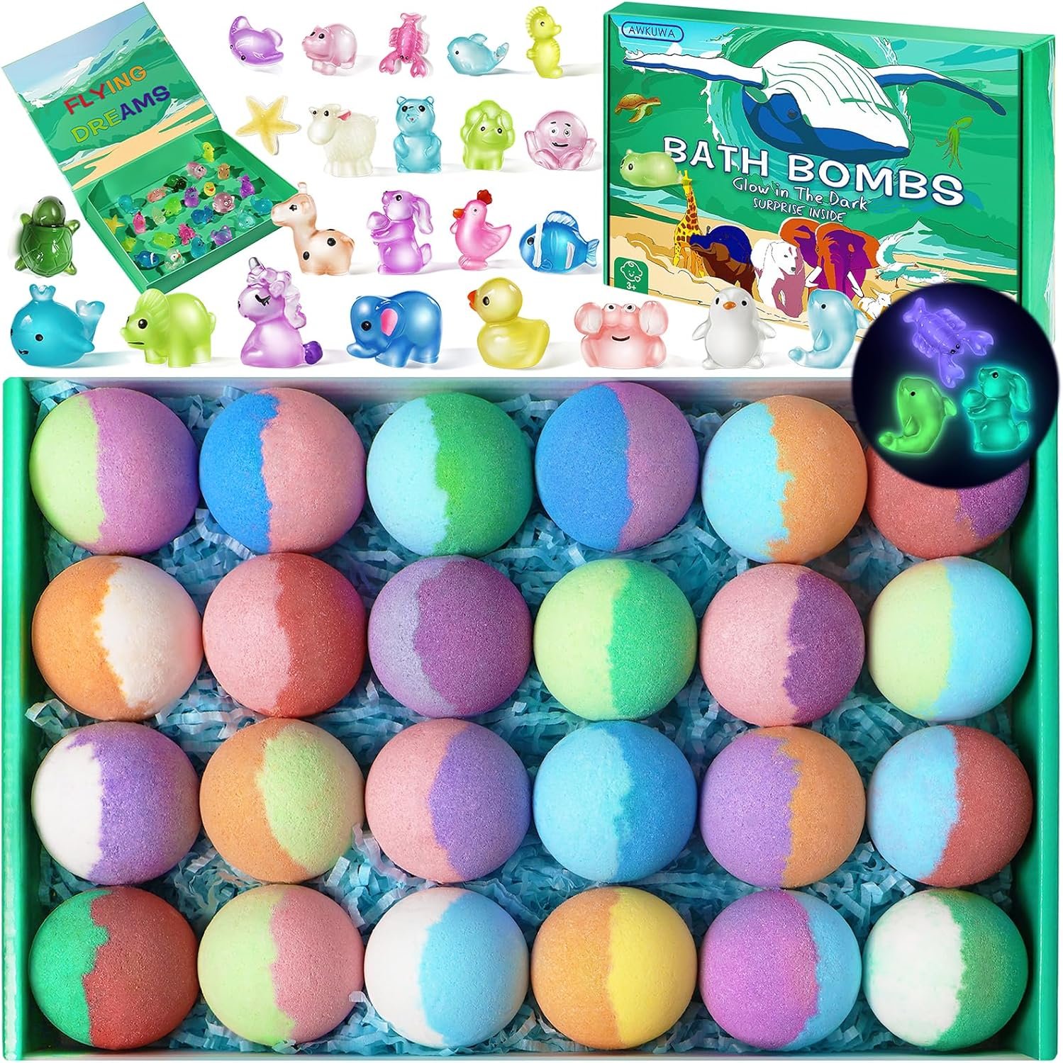 Bath Bombs for Kids with Toys Inside – 24 Pack Kids Bath Bombs with Glow in The Dark Surprise Toys Inside, Natural Organic Bubble Bath Fizzy, Christmas Gifts for Kid Girls Boys, Stocking Stuffers