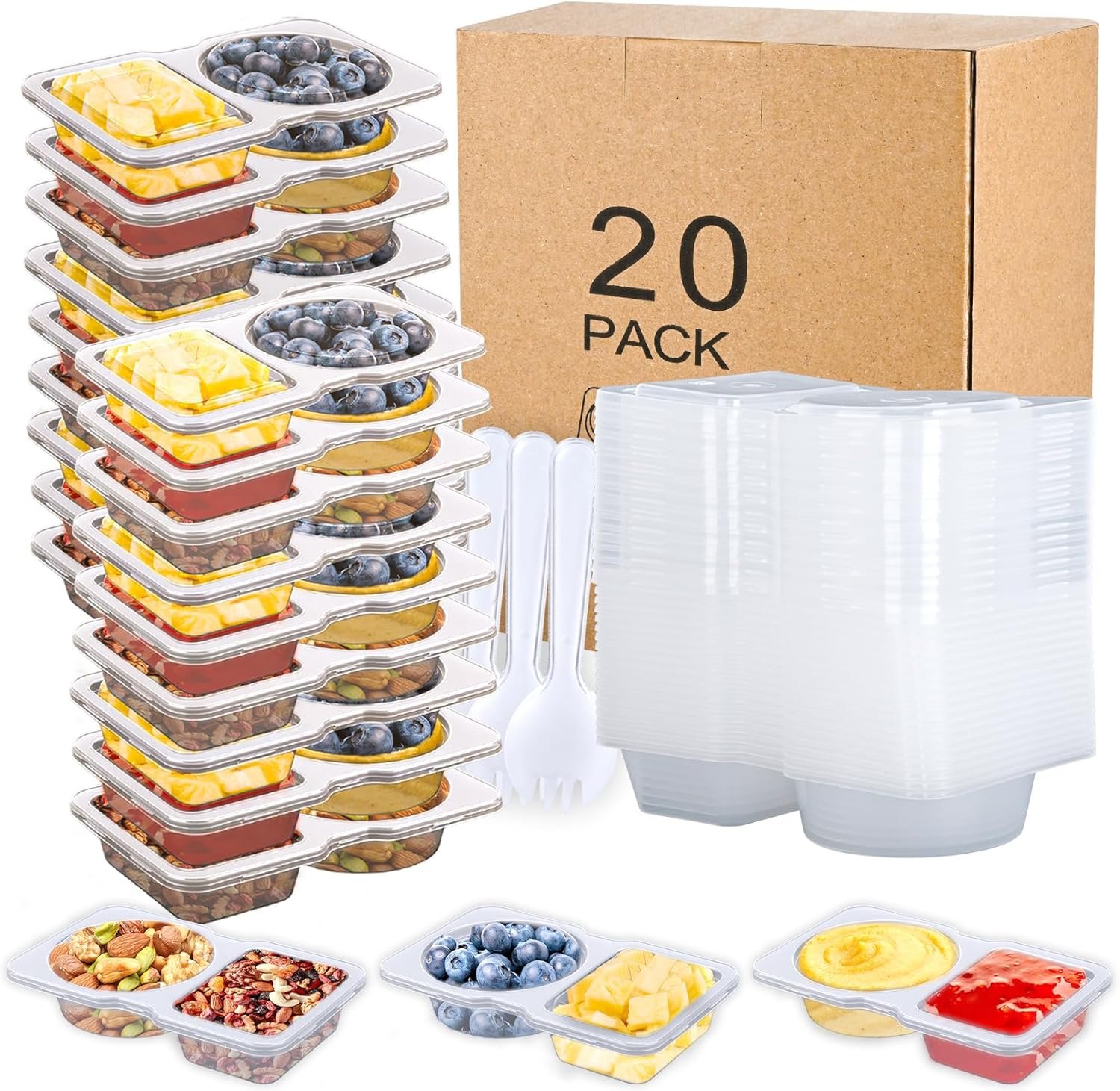 20 Pack Reusable Snack Containers with Lids – Double Compartment Condiment Snack Pack Containers with 20 Forks, Microwave Safe Portion Control Containers for Meal Prep, Take-out, Party & Travel
