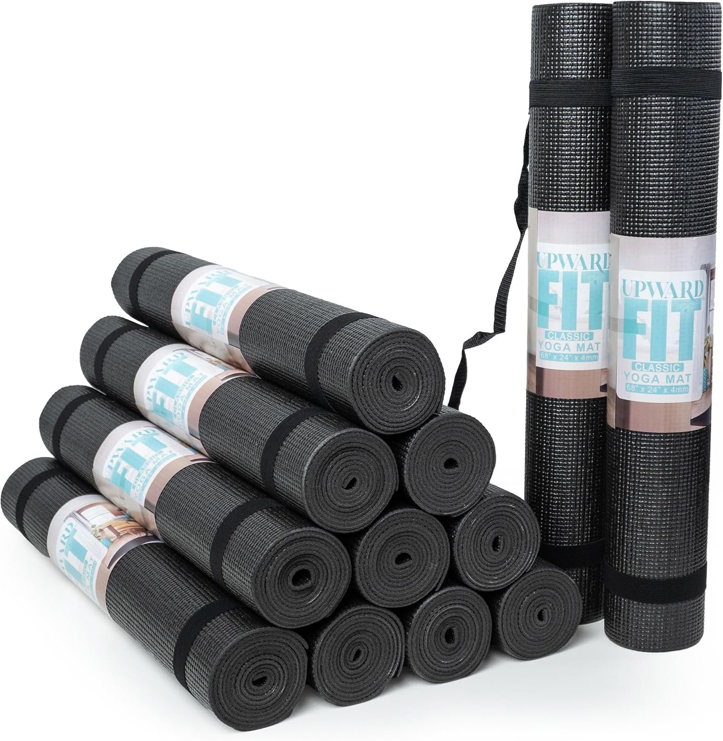 12-Pack Classic Yoga Mat With Carrying Strap, 68″ x 24″ Non Slip Exercise Mat, 4mm Thick Gym Mat, Bulk Non Toxic Yoga Mats for Home Workout, Schools, Classroom, and Studios