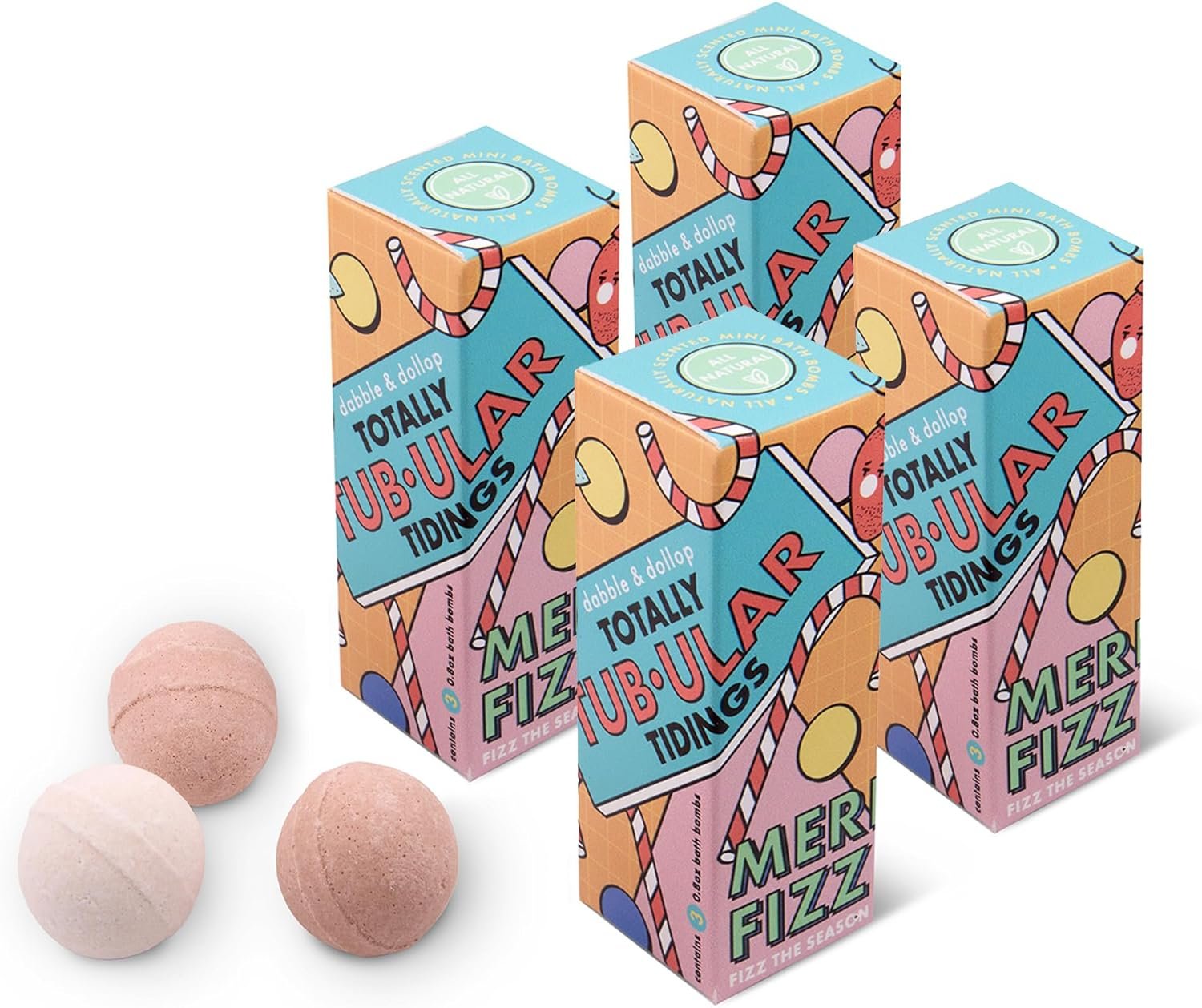 Dabble & Dollop Totally Tub-ular Tidings Merry Fizzfest Mini Bath Bombs Stocking Stuffer – Holiday Gift Set of Three Fizzy Natural Bath Bombs for Kids (Pack of 4)