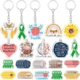 Remuuly 50 Pcs Mental Health Gifts for Women Healthy Keychain Gifts Acrylic Green Ribbon Inspirational Key Ring for Women Men